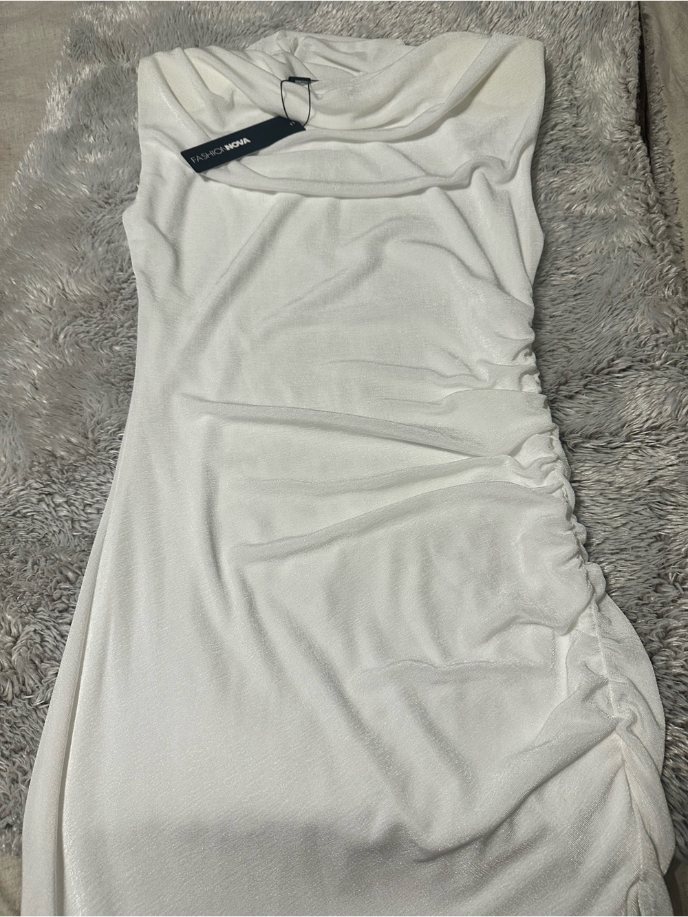 Fashion Nova White One-Shoulder Cowl Ruched Midi Dress